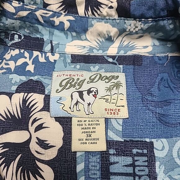 Big‎ Dog Mens Shirt 3X Blue Graphic Short Sleeve Beach Boho Floral Vacation - Picture 3 of 9